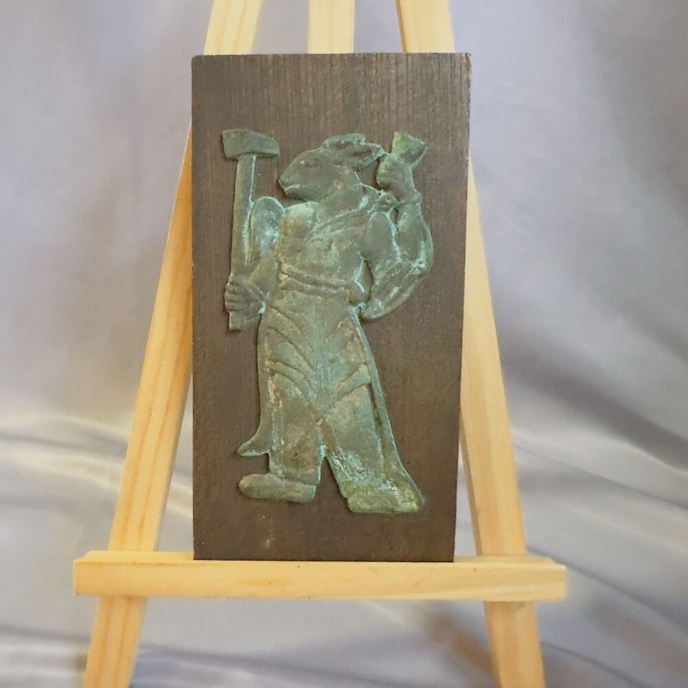 Vtg Asian Zodiac Wall Plaque Wood And Brass Rabbit Patina Korean Astrology